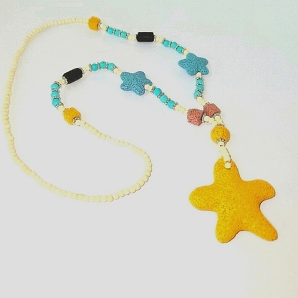 Starfish Lava/Howlite,Boho Statement Necklace,w/Yellow Pendant, Silvertone